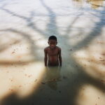 A boy playing in the water in the shadow of a big tree.